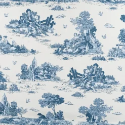 Dekostoff Halbpanama Classic Shepherd Scene Toile de Jouy ecru blau 1,40m Breite