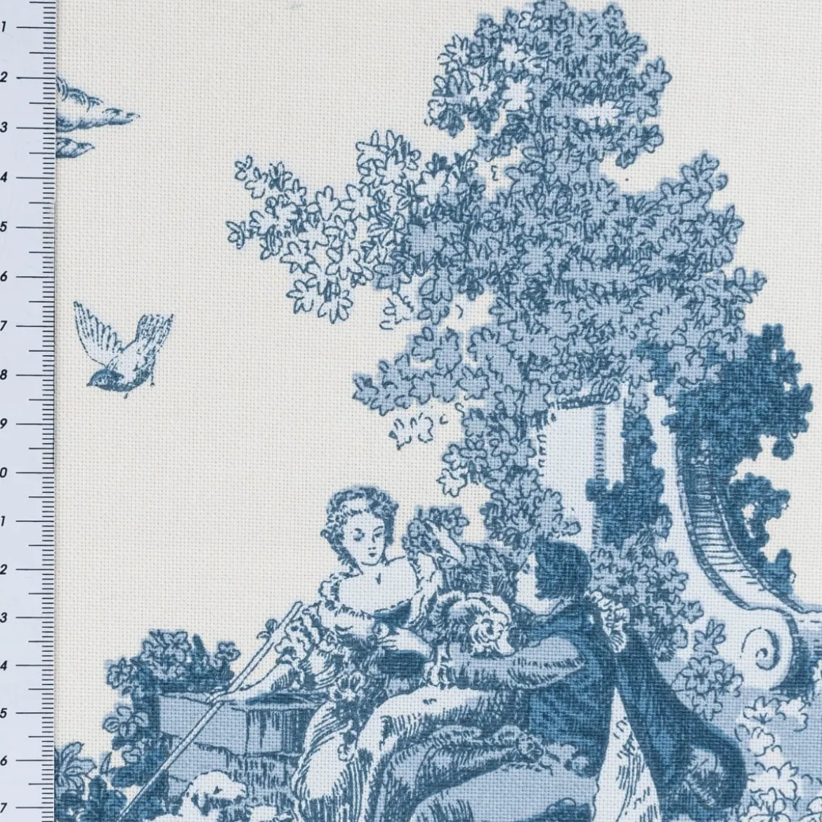 Dekostoff Halbpanama Classic Shepherd Scene Toile de Jouy ecru blau 1,40m Breite