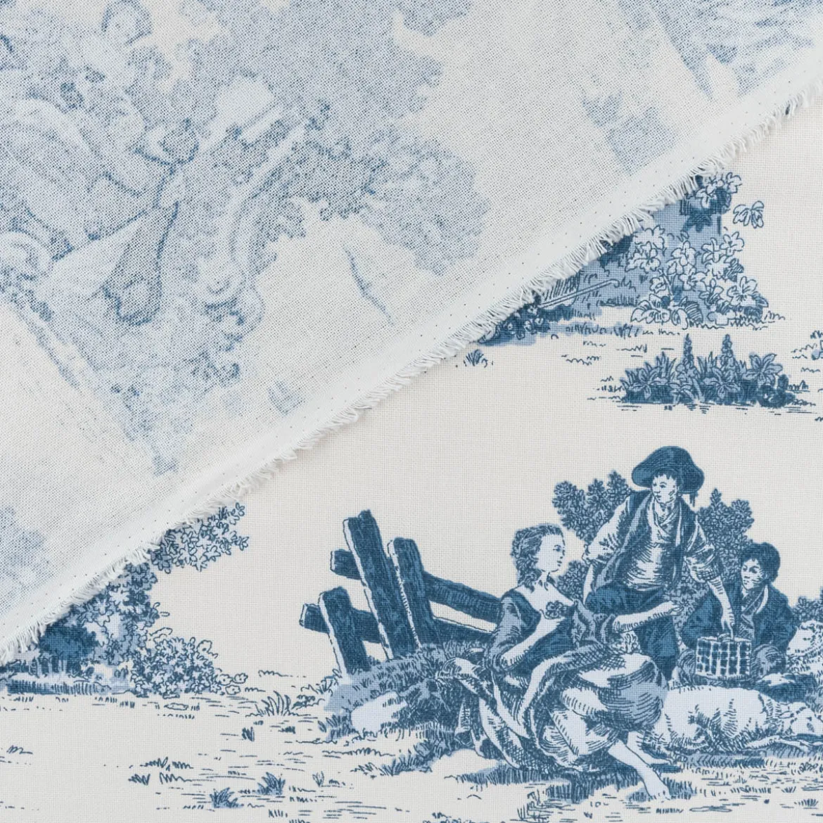 Dekostoff Halbpanama Classic Shepherd Scene Toile de Jouy ecru blau 1,40m Breite
