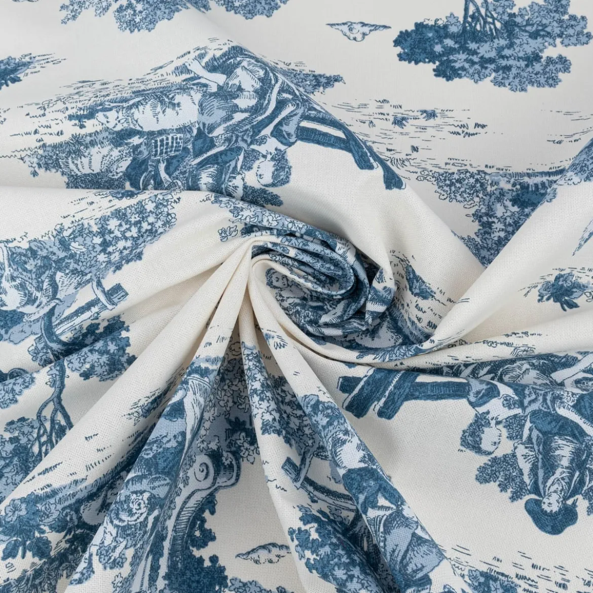 Dekostoff Halbpanama Classic Shepherd Scene Toile de Jouy ecru blau 1,40m Breite