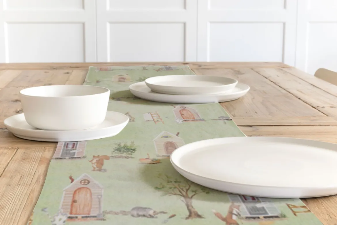 Dekostoff Halbpanama Digitaldruck Waldleben Mr. Rabbit Haus Hase Fuchs grün braun 1,40m Breite