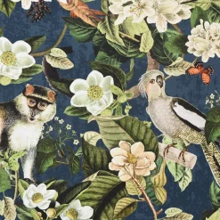 Dekostoff Halbpanama Digitaldruck Affe Vogel Blumen blau grün
