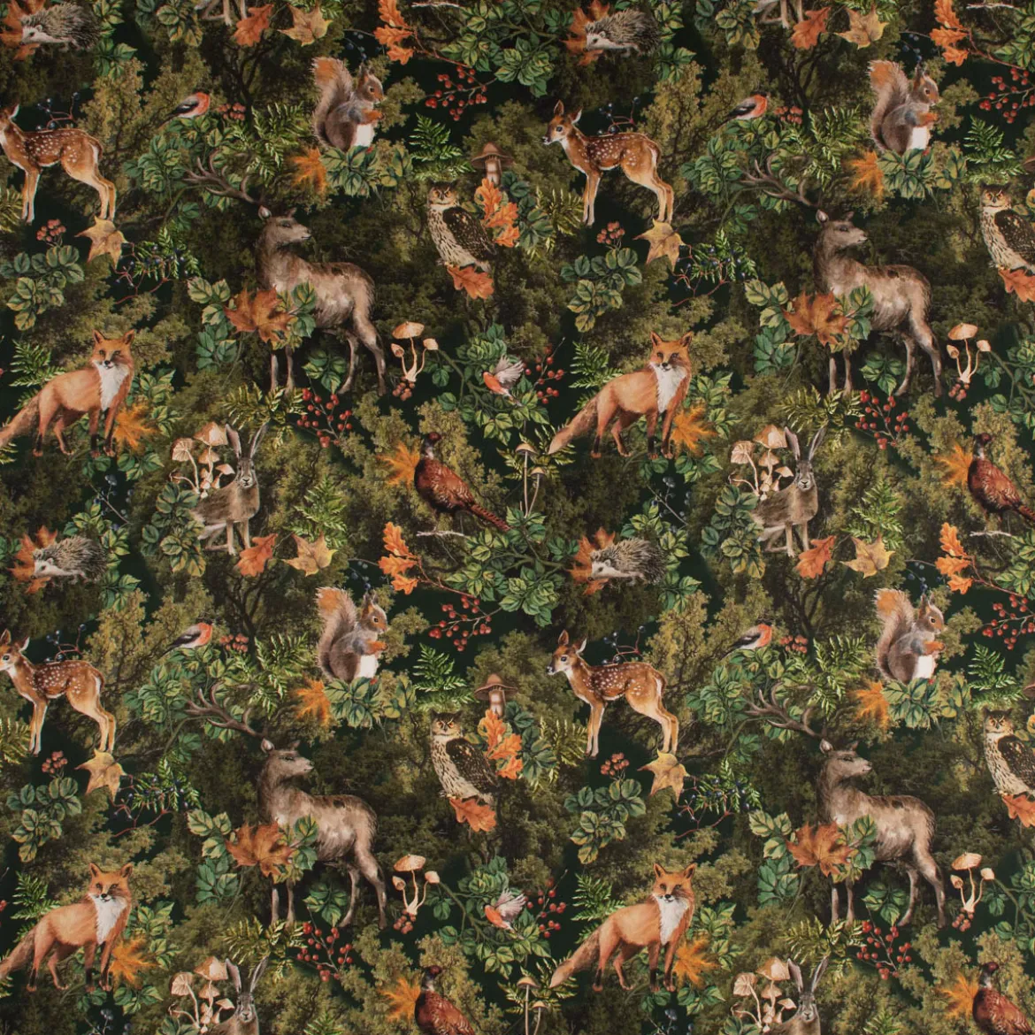 Dekostoff Halbpanama Digitaldruck Woodland Creatures Waldtiere grün 1,40m Breite