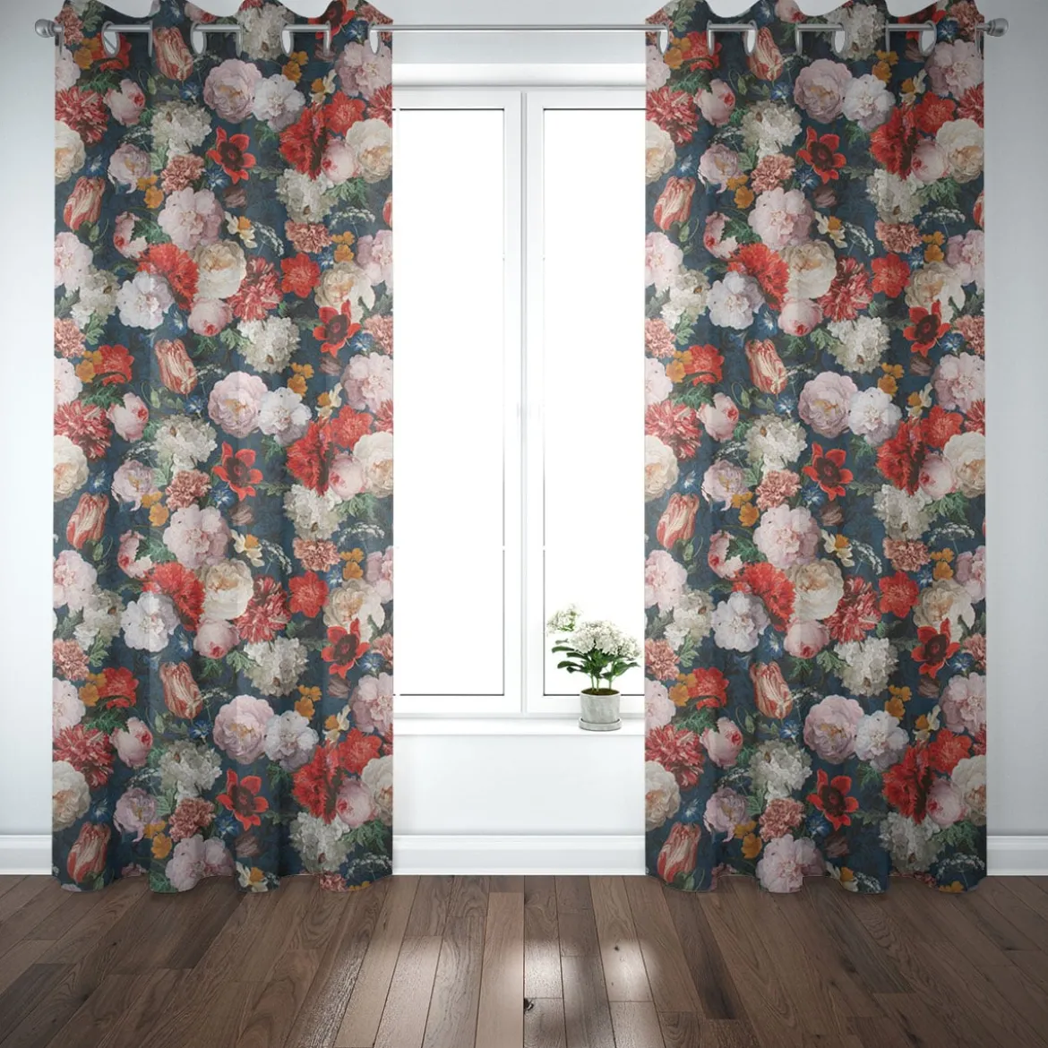 Dekostoff Halbpanama Digitaldruck Blumenbouquet blau bunt 140cm Breite