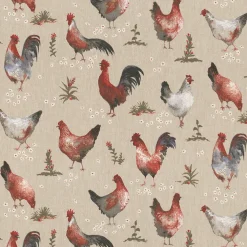 Dekostoff Halbpanama Leinenlook Chicken Farm Hühner natur braun 1,40m Breite