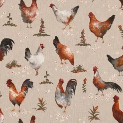 Dekostoff Halbpanama Leinenlook Chicken Farm Hühner natur braun 1,40m Breite
