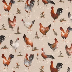Dekostoff Halbpanama Leinenlook Chicken Farm Hühner natur braun 1,40m Breite