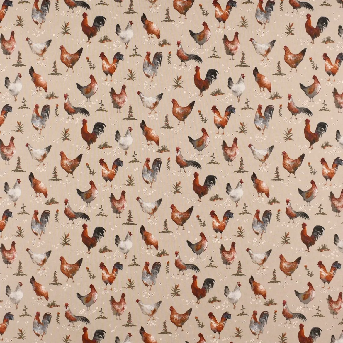 Dekostoff Halbpanama Leinenlook Chicken Farm Hühner natur braun 1,40m Breite