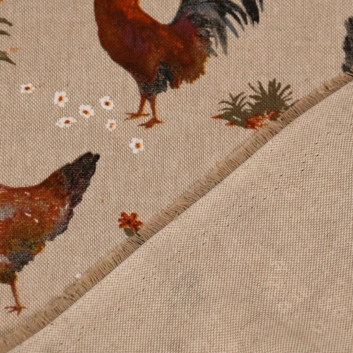 Dekostoff Halbpanama Leinenlook Chicken Farm Hühner natur braun 1,40m Breite