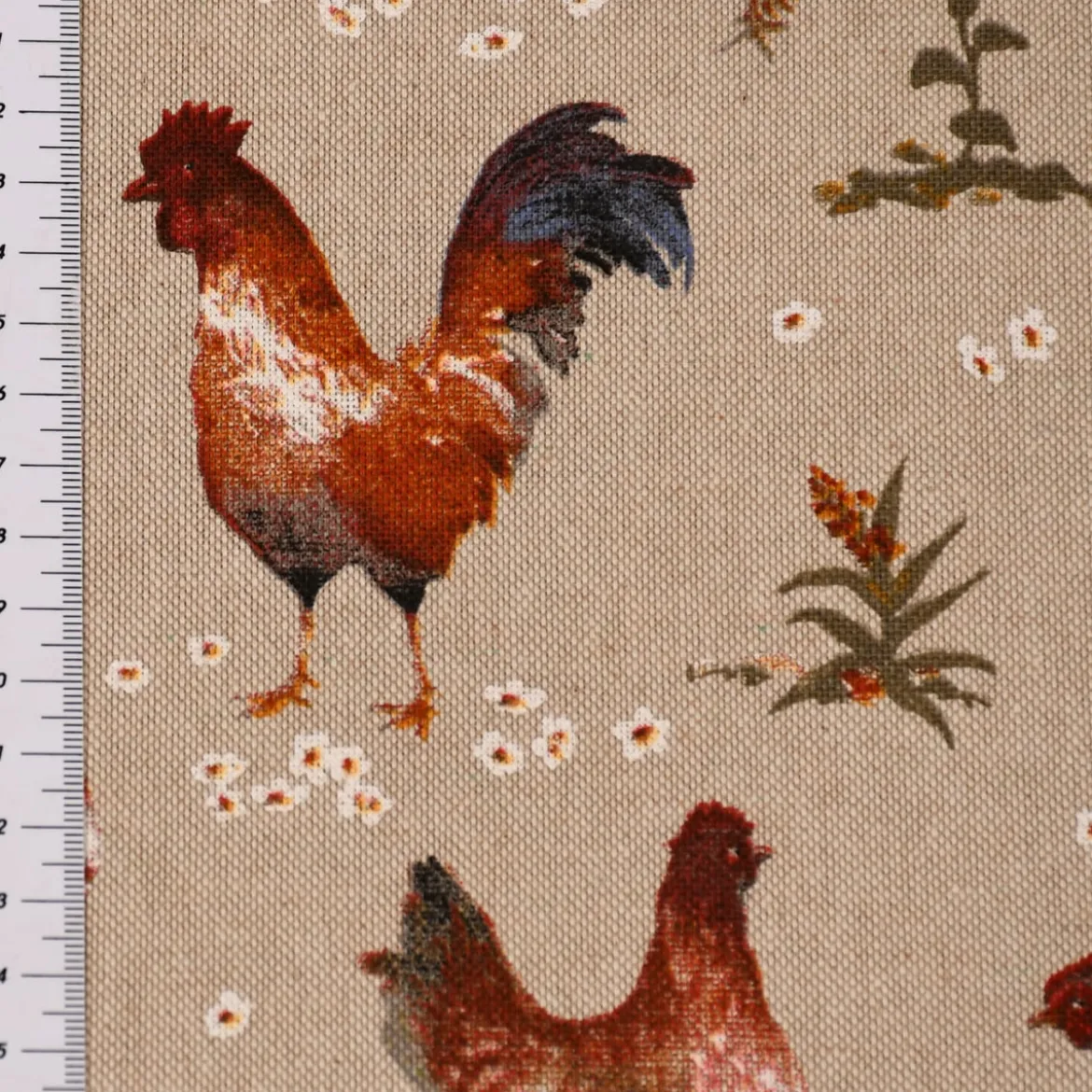 Dekostoff Halbpanama Leinenlook Chicken Farm Hühner natur braun 1,40m Breite