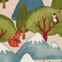 Dekostoff Halbpanama Leinenlook Wald Berge Wintertiere Fuchs Eule Waschbär natur grün blau 1,40m Breite