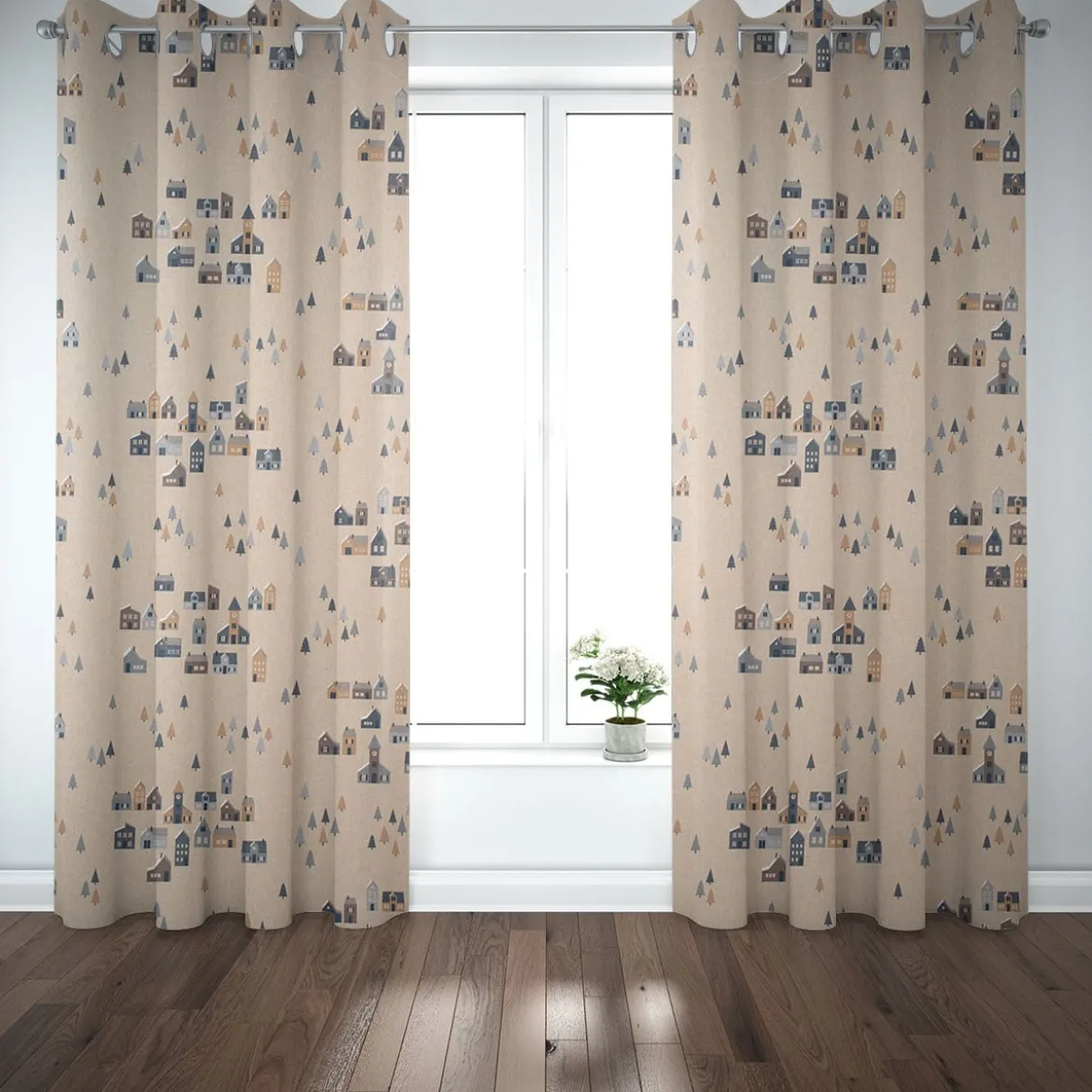 Dekostoff Halbpanama Leinenlook Nordic Town Scandi Häuser Tannen natur blau 1,40m Breite
