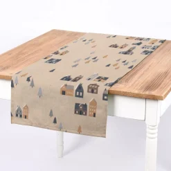 Dekostoff Halbpanama Leinenlook Nordic Town Scandi Häuser Tannen natur blau 1,40m Breite