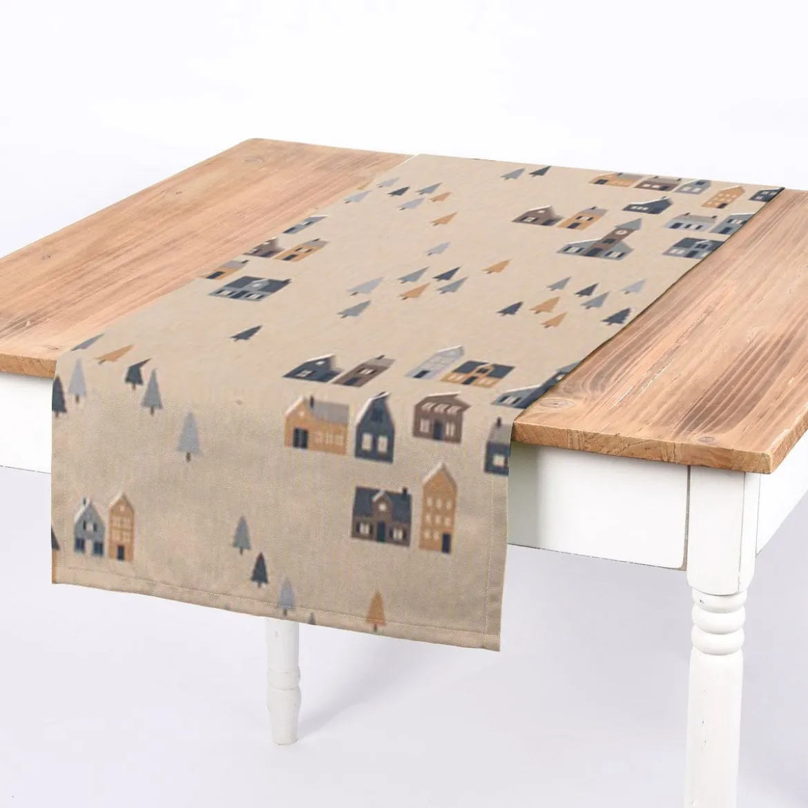 Dekostoff Halbpanama Leinenlook Nordic Town Scandi Häuser Tannen natur blau 1,40m Breite