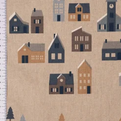 Dekostoff Halbpanama Leinenlook Nordic Town Scandi Häuser Tannen natur blau 1,40m Breite