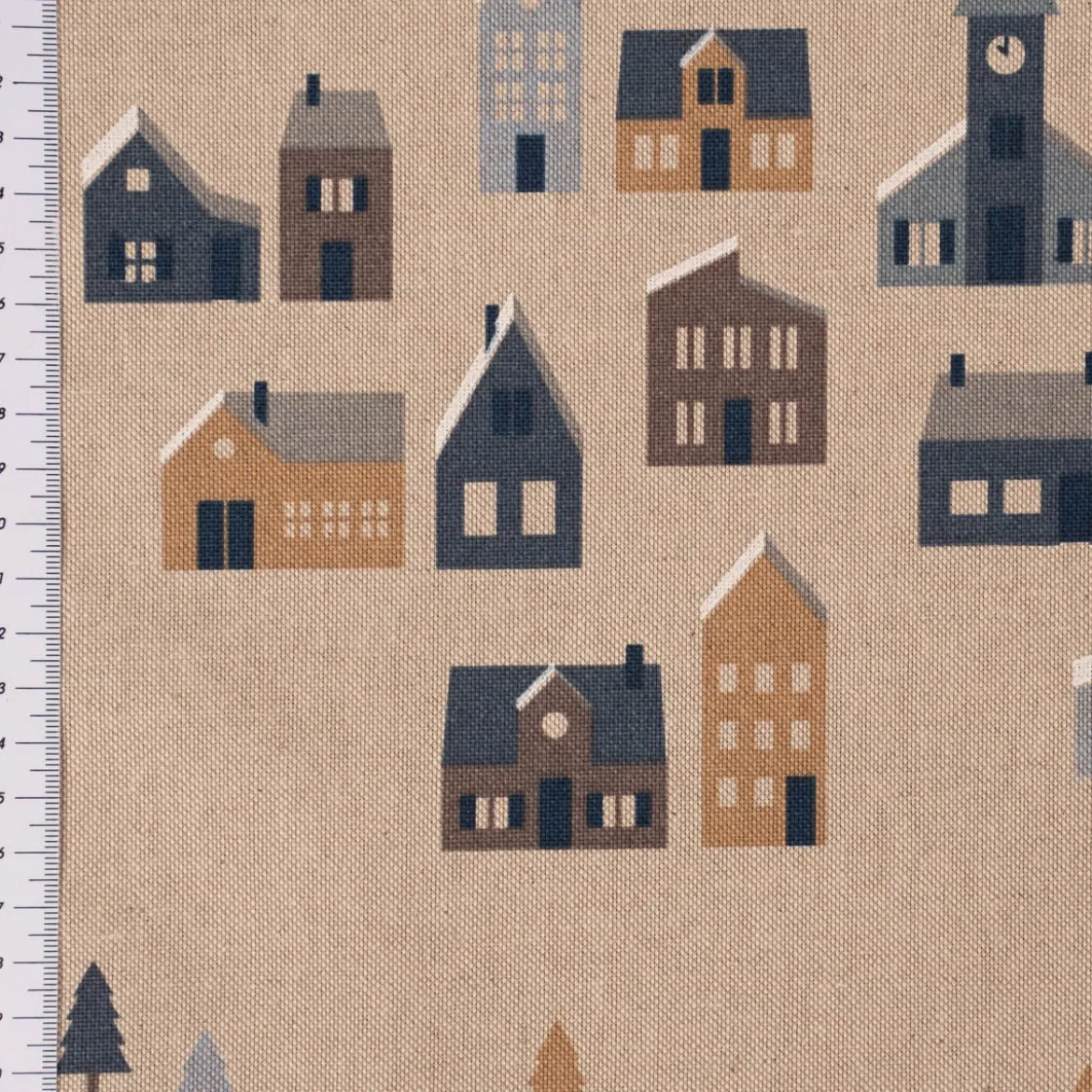 Dekostoff Halbpanama Leinenlook Nordic Town Scandi Häuser Tannen natur blau 1,40m Breite