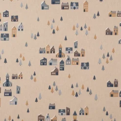 Dekostoff Halbpanama Leinenlook Nordic Town Scandi Häuser Tannen natur blau 1,40m Breite