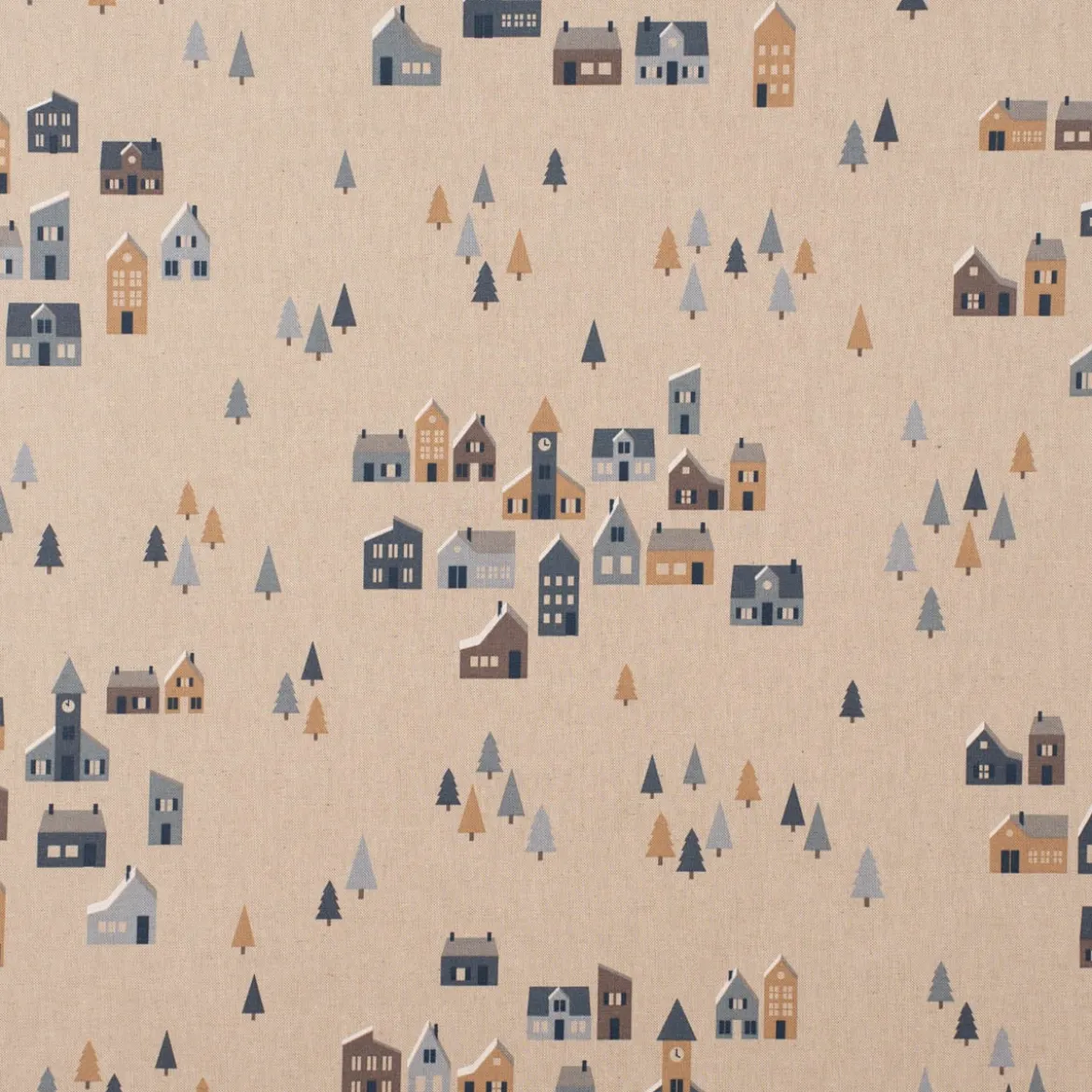 Dekostoff Halbpanama Leinenlook Nordic Town Scandi Häuser Tannen natur blau 1,40m Breite