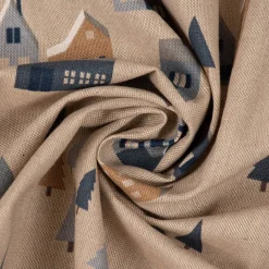 Dekostoff Halbpanama Leinenlook Nordic Town Scandi Häuser Tannen natur blau 1,40m Breite