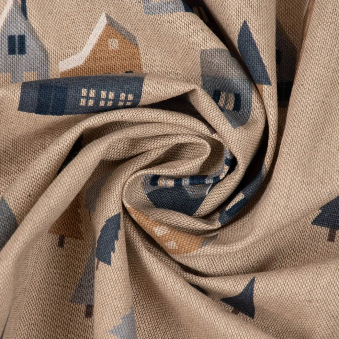 Dekostoff Halbpanama Leinenlook Nordic Town Scandi Häuser Tannen natur blau 1,40m Breite