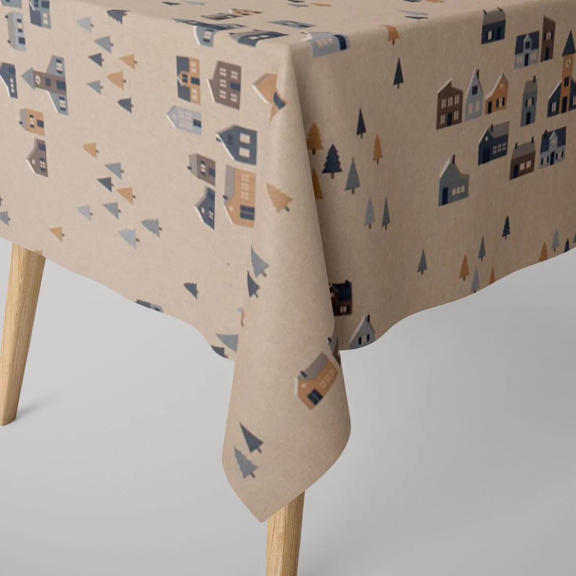 Dekostoff Halbpanama Leinenlook Nordic Town Scandi Häuser Tannen natur blau 1,40m Breite