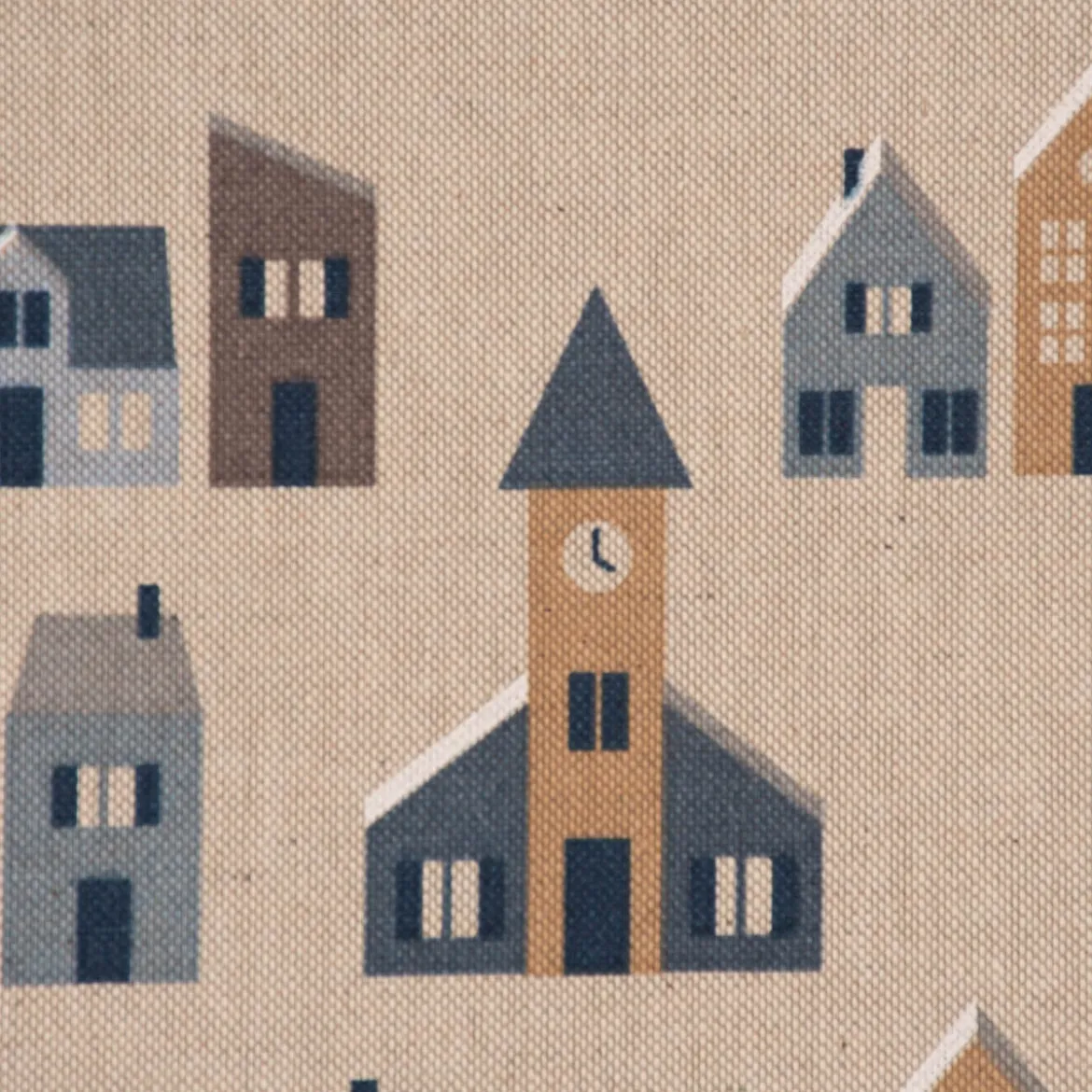 Dekostoff Halbpanama Leinenlook Nordic Town Scandi Häuser Tannen natur blau 1,40m Breite
