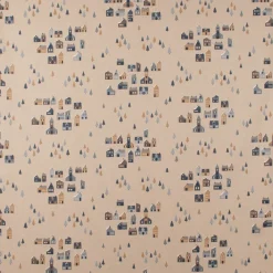 Dekostoff Halbpanama Leinenlook Nordic Town Scandi Häuser Tannen natur blau 1,40m Breite