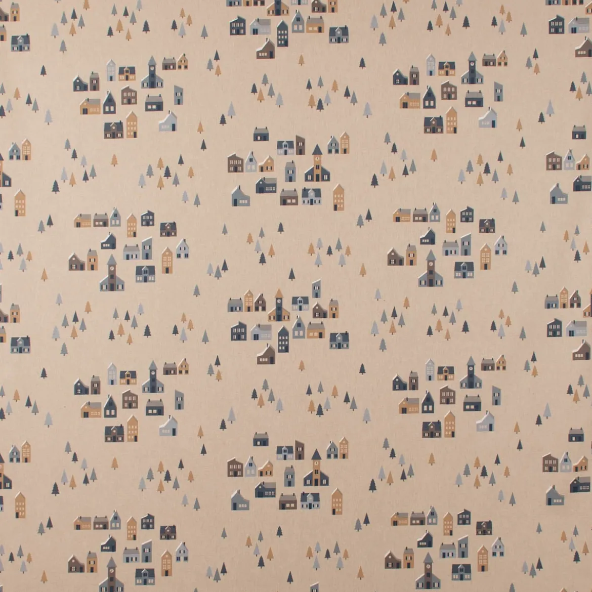 Dekostoff Halbpanama Leinenlook Nordic Town Scandi Häuser Tannen natur blau 1,40m Breite
