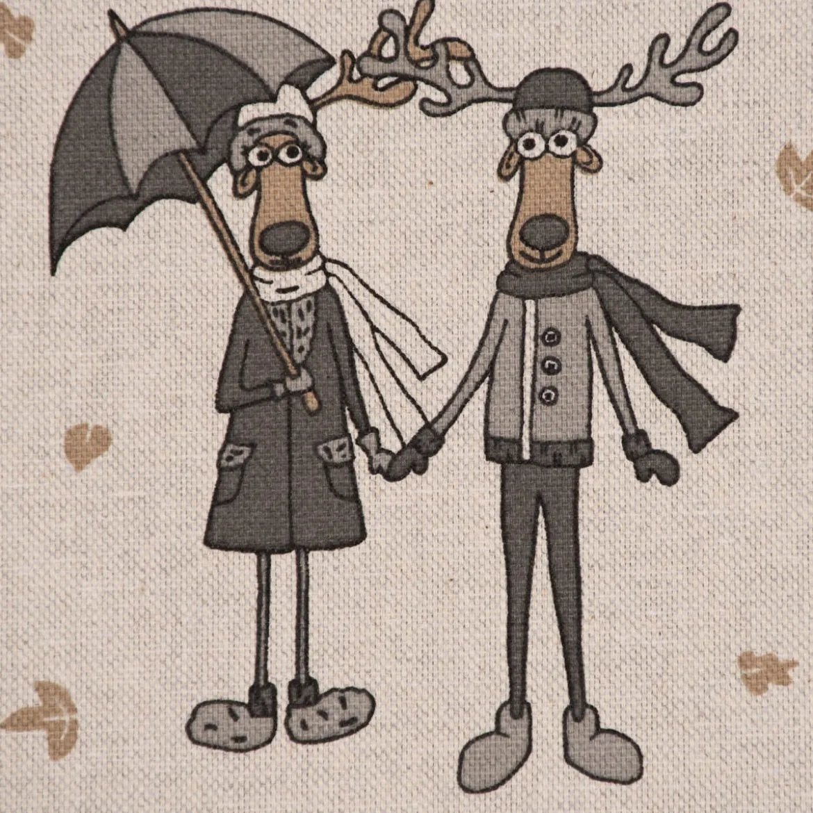 Dekostoff Halbpanama Leinenlook Moose Winter Elche Love natur grau beige 1,40m Breite