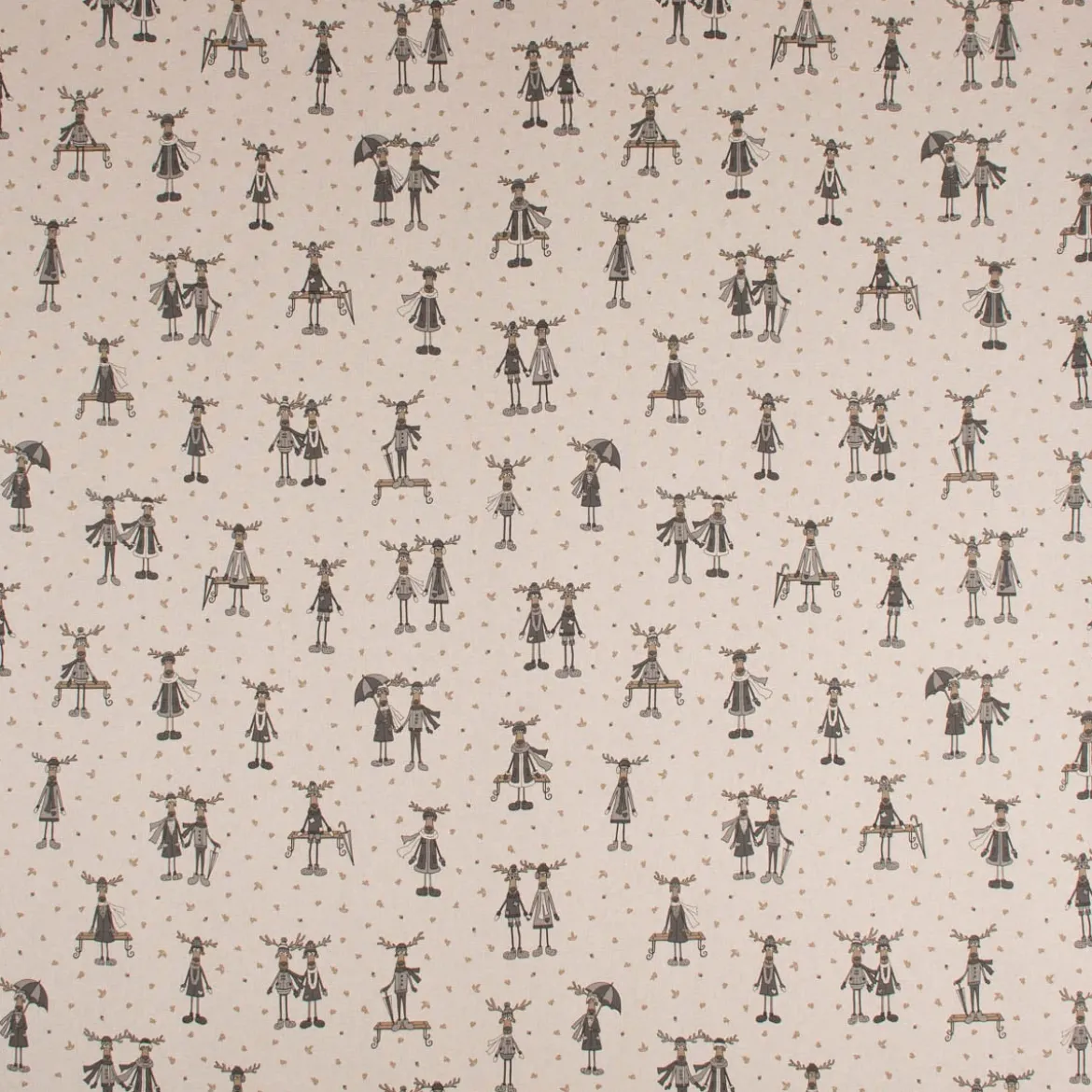 Dekostoff Halbpanama Leinenlook Moose Winter Elche Love natur grau beige 1,40m Breite