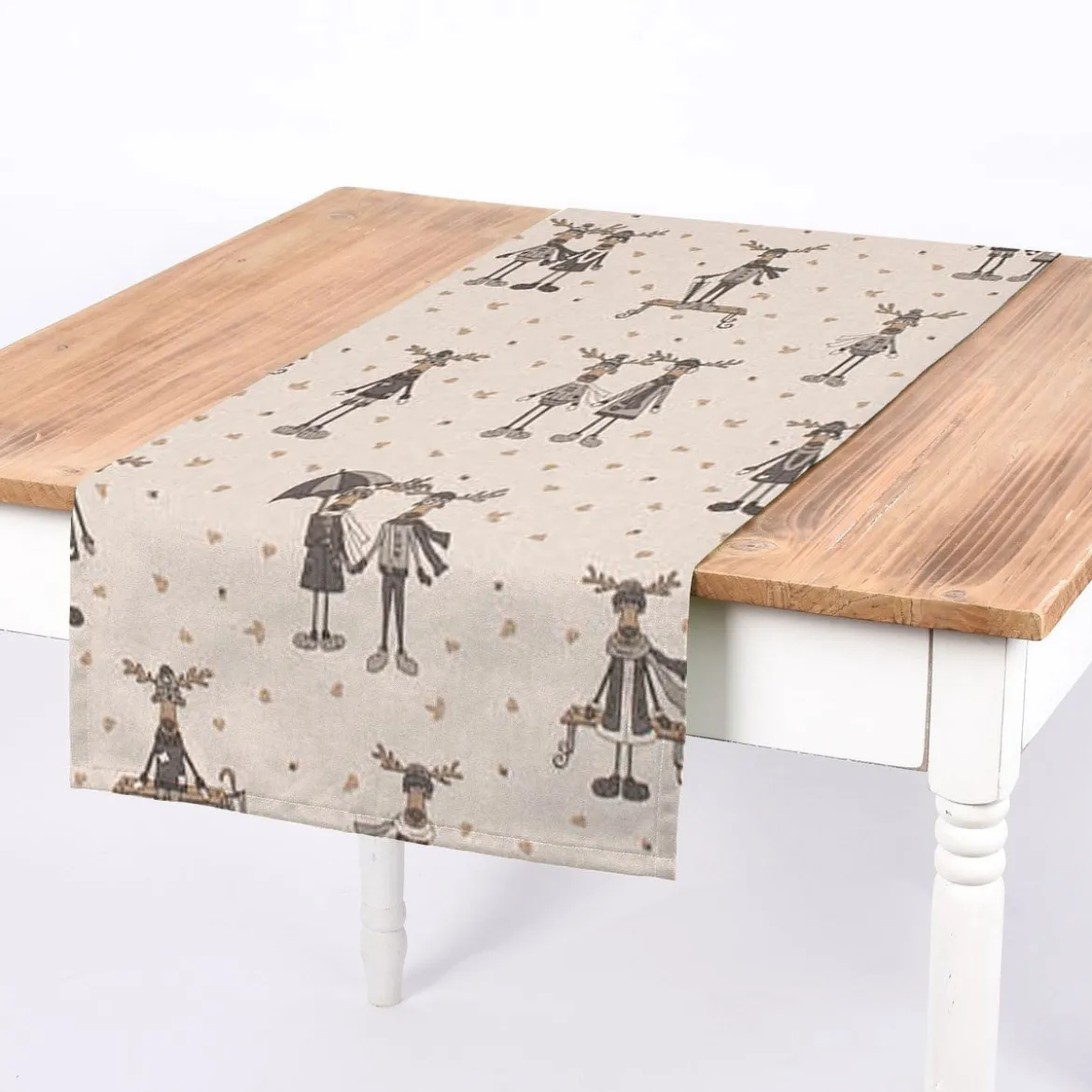 Dekostoff Halbpanama Leinenlook Moose Winter Elche Love natur grau beige 1,40m Breite