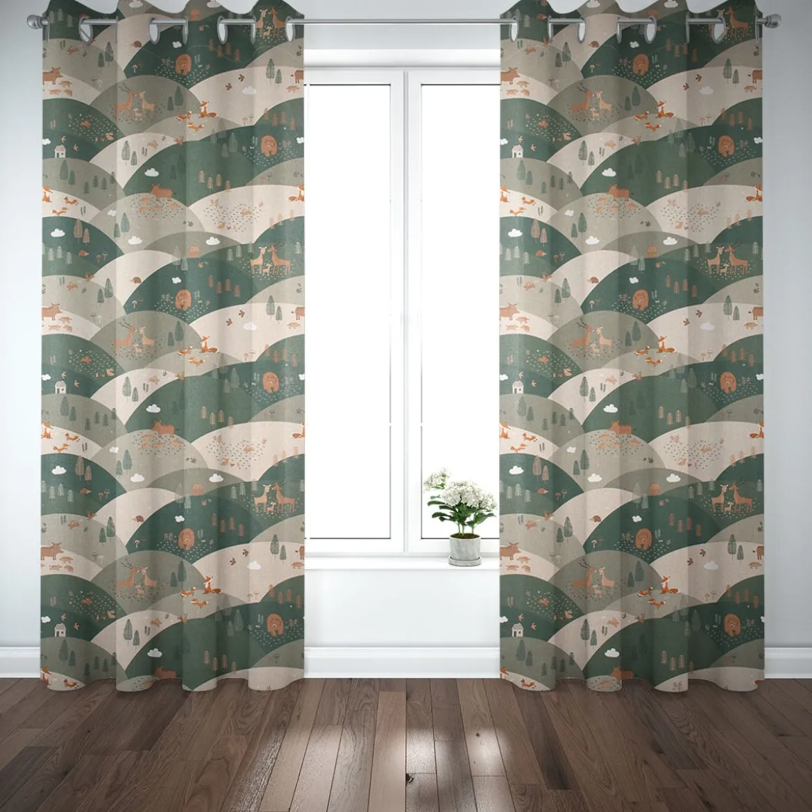 Dekostoff Halbpanama Leinenlook Mountain Forest Animals Tiere Hügel natur grün 1,40m Breite