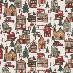 Dekostoff Halbpanama Leinenlook Winter Village Scene Winterdorf weiß braun rot grün 1,40m Breite