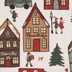 Dekostoff Halbpanama Leinenlook Winter Village Scene Winterdorf weiß braun rot grün 1,40m Breite
