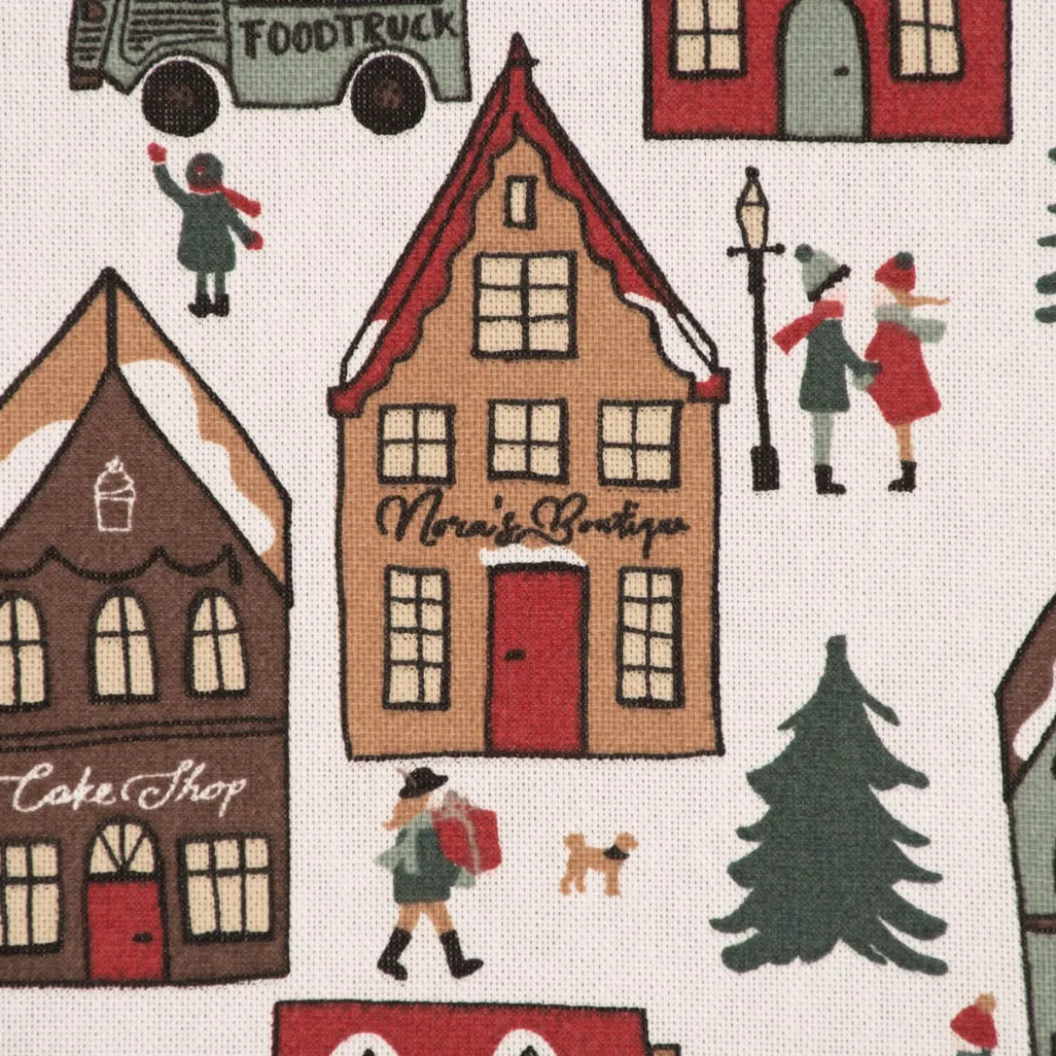 Dekostoff Halbpanama Leinenlook Winter Village Scene Winterdorf weiß braun rot grün 1,40m Breite