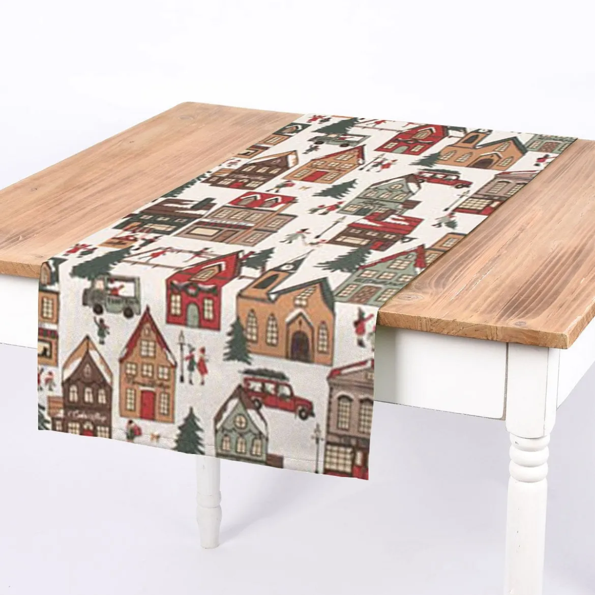 Dekostoff Halbpanama Leinenlook Winter Village Scene Winterdorf weiß braun rot grün 1,40m Breite