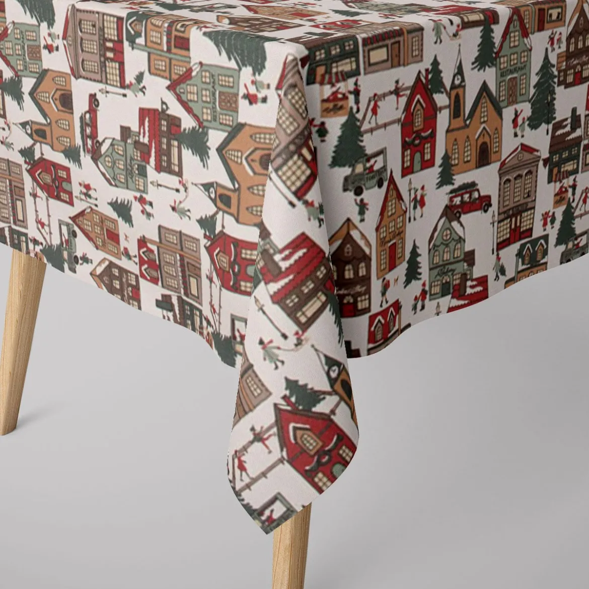 Dekostoff Halbpanama Leinenlook Winter Village Scene Winterdorf weiß braun rot grün 1,40m Breite