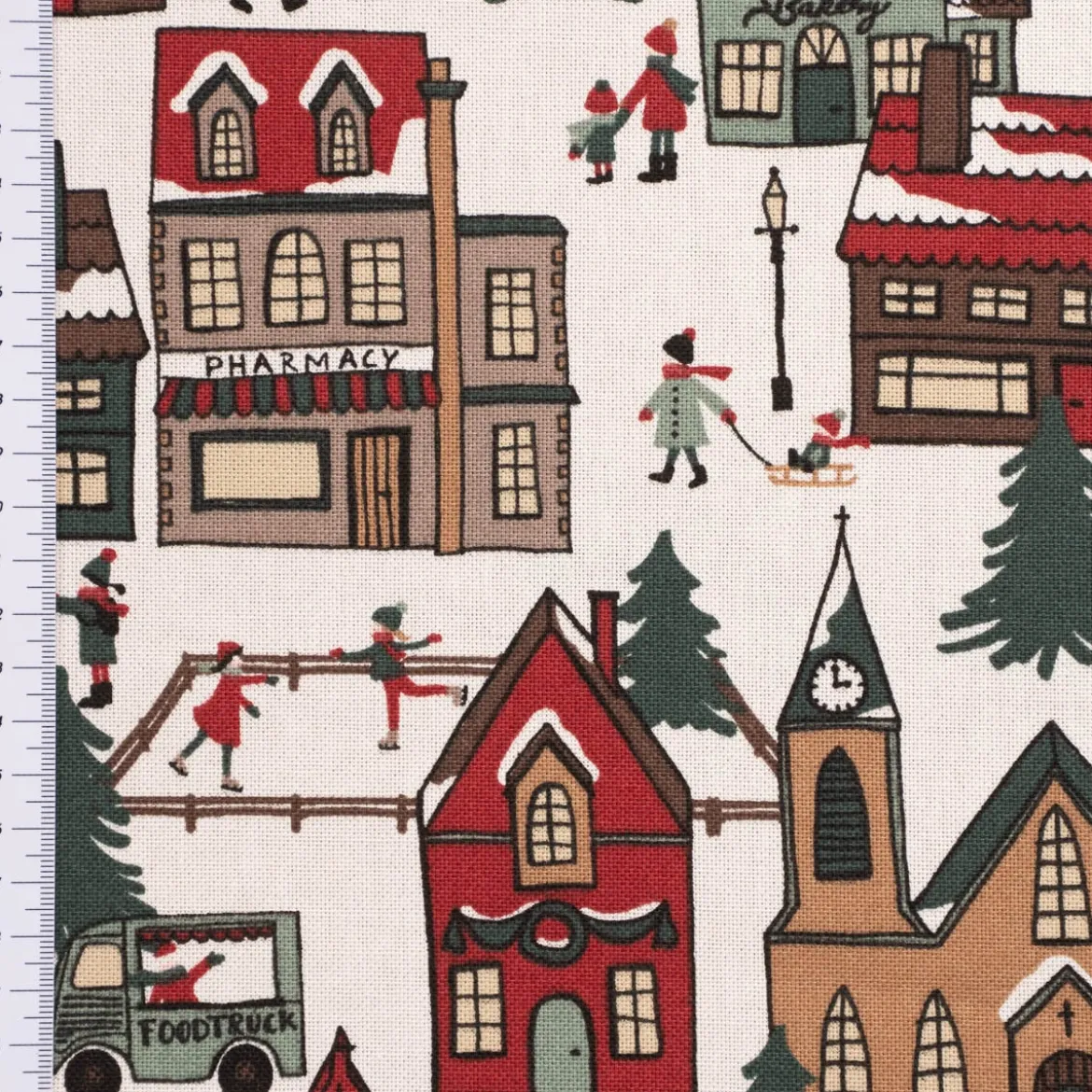 Dekostoff Halbpanama Leinenlook Winter Village Scene Winterdorf weiß braun rot grün 1,40m Breite