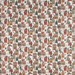 Dekostoff Halbpanama Leinenlook Winter Village Scene Winterdorf weiß braun rot grün 1,40m Breite
