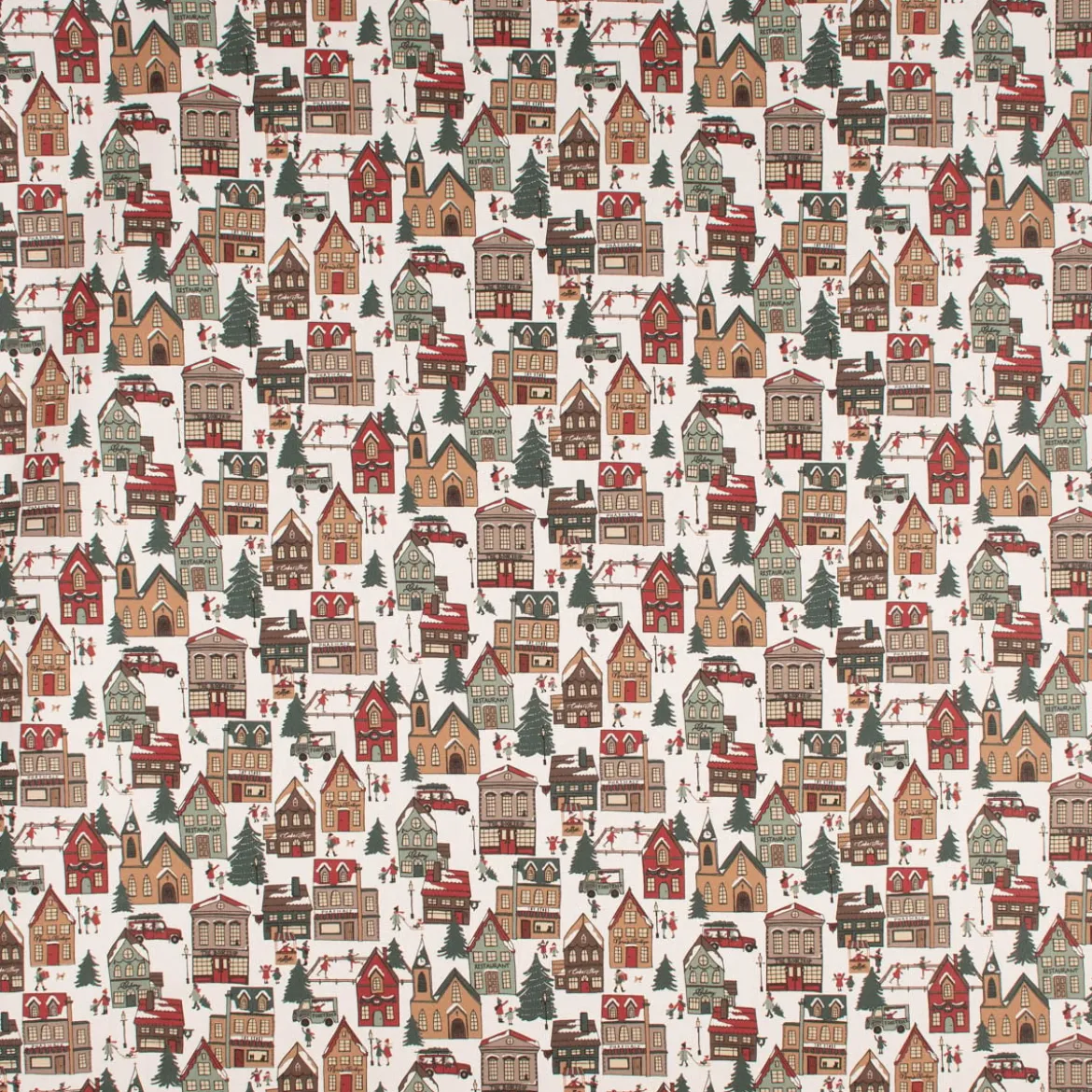 Dekostoff Halbpanama Leinenlook Winter Village Scene Winterdorf weiß braun rot grün 1,40m Breite