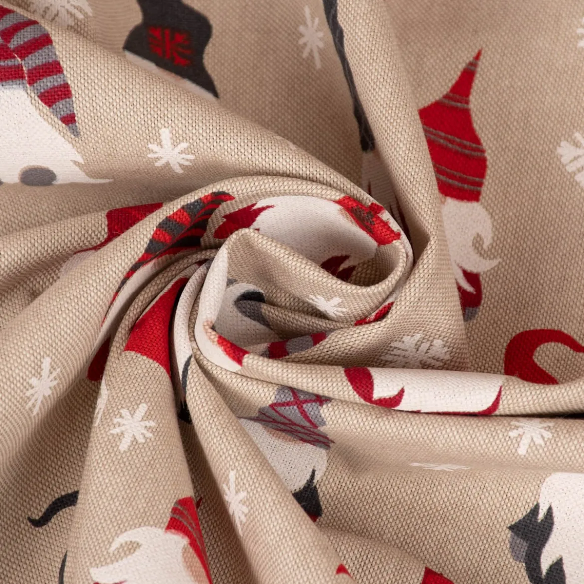 Dekostoff Halbpanama Leinenlook Tomte Cosy Famliy Weihnachtswichtel natur rot weiß grau1,40m Breite