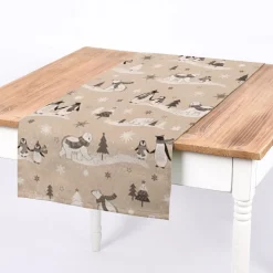 Dekostoff Halbpanama Leinenlook Frozen Polar World Pinguine Eisbären natur grau weiß 1,40m Breite
