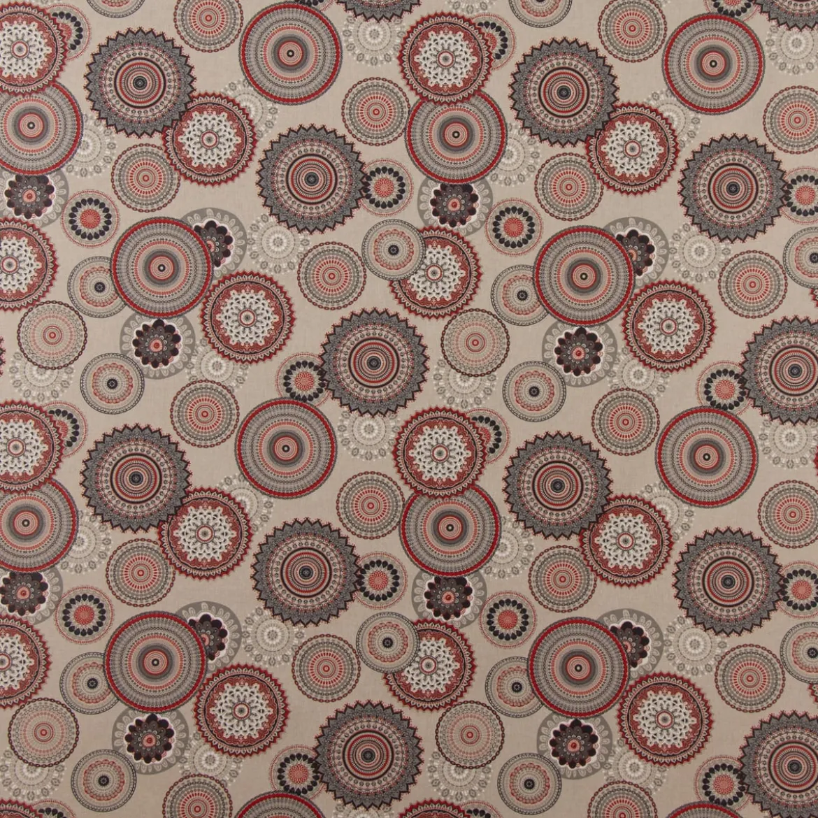 Dekostoff Halbpanama Leinenlook Mandalas natur rot 1,40m Breite