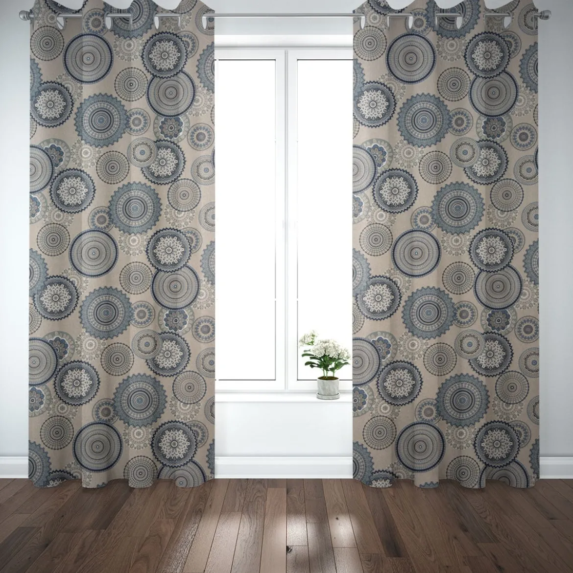 Dekostoff Halbpanama Leinenlook Mandalas natur blau 1,40m Breite