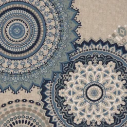 Dekostoff Halbpanama Leinenlook Mandalas natur blau 1,40m Breite