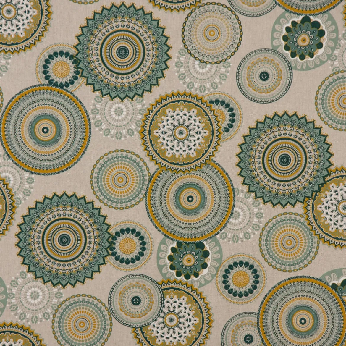 Dekostoff Halbpanama Leinenlook Mandalas natur grün 1,40m Breite