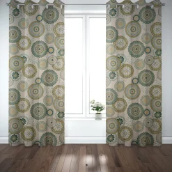 Dekostoff Halbpanama Leinenlook Mandalas natur grün 1,40m Breite