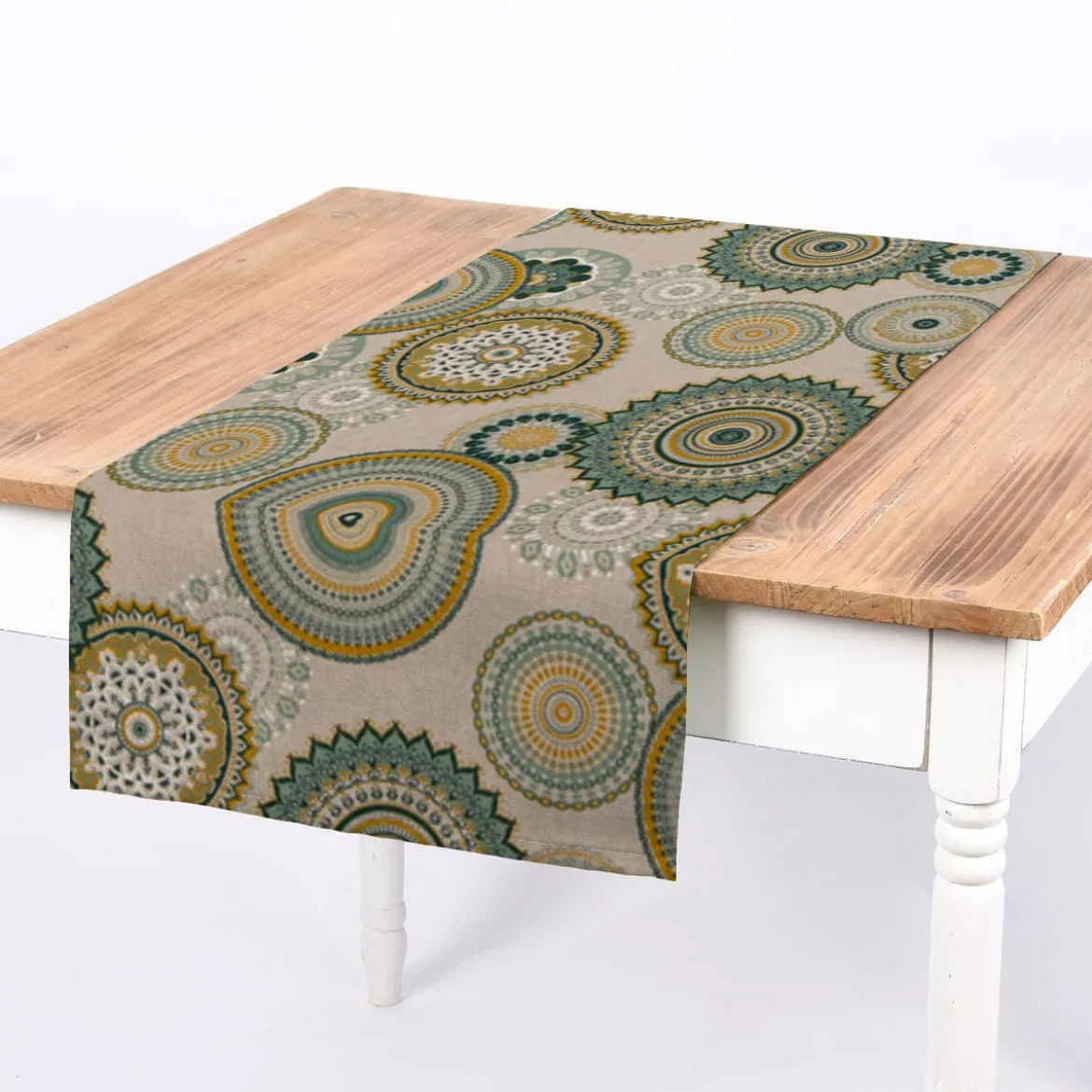 Dekostoff Halbpanama Leinenlook Mandalas natur grün 1,40m Breite