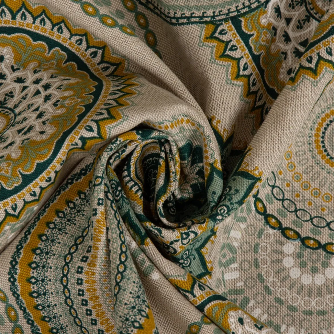 Dekostoff Halbpanama Leinenlook Mandalas natur grün 1,40m Breite