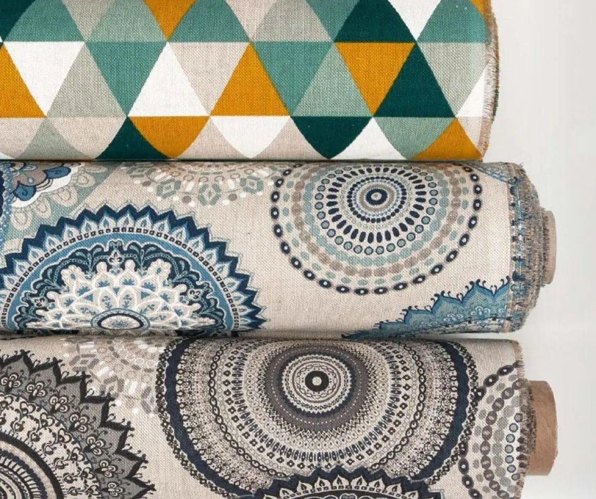 Dekostoff Halbpanama Leinenlook Mandalas natur grau 1,40m Breite